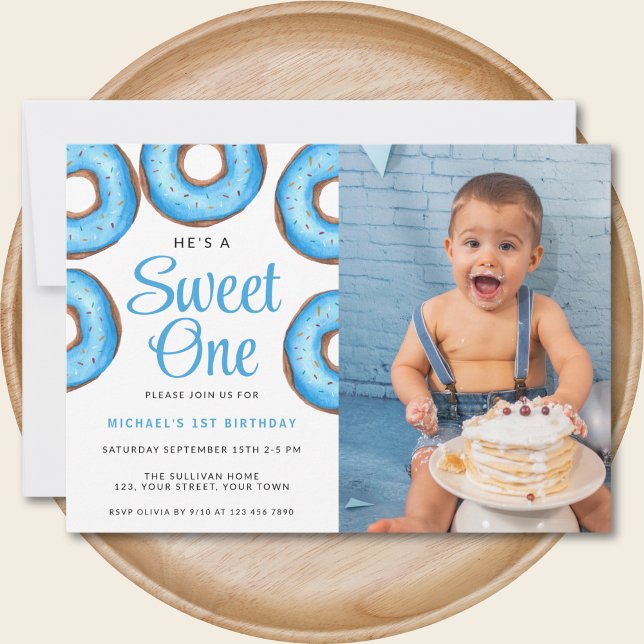 Invitation Bleu Donut Premier anniversaire fête photo (Créateur téléchargé)