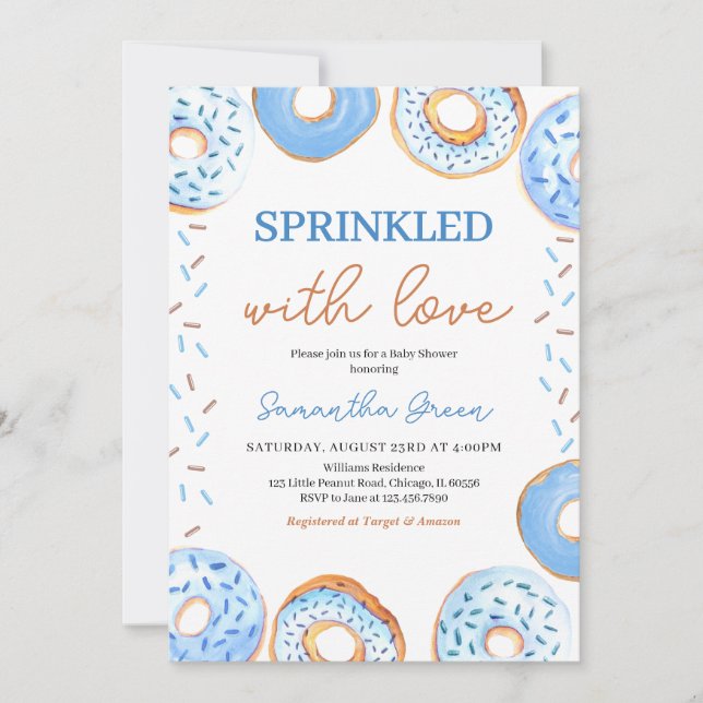Invitation Bleu Donuts Baby shower d'arrosage pour bébés (Devant)