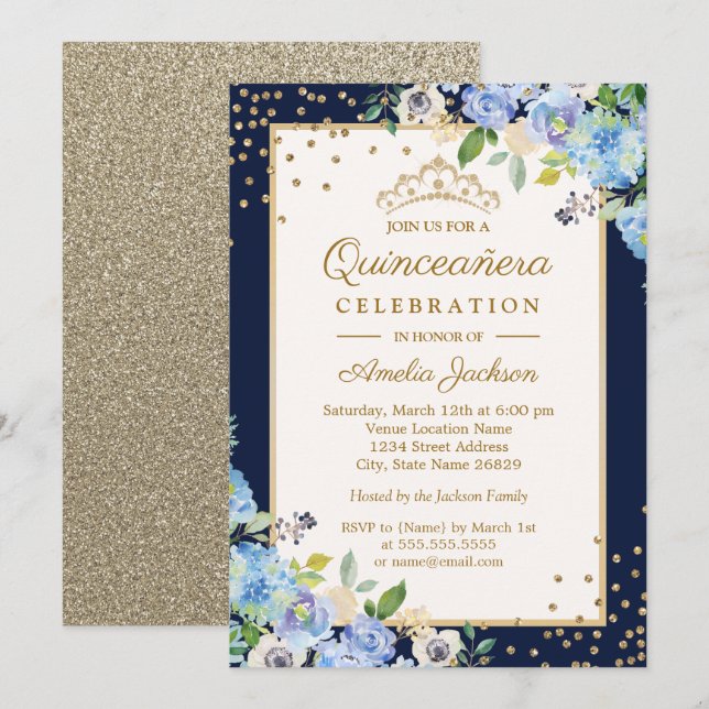 Invitation Bleu doré Parkle Quinceanera (Devant / Derrière)