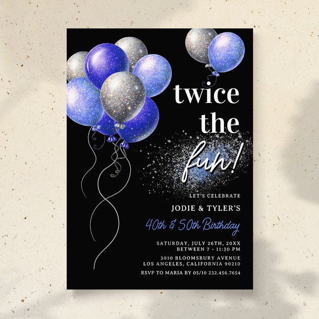 Invitation Bleu double et ballons d'argent Jour d'anniversair (Créateur téléchargé)