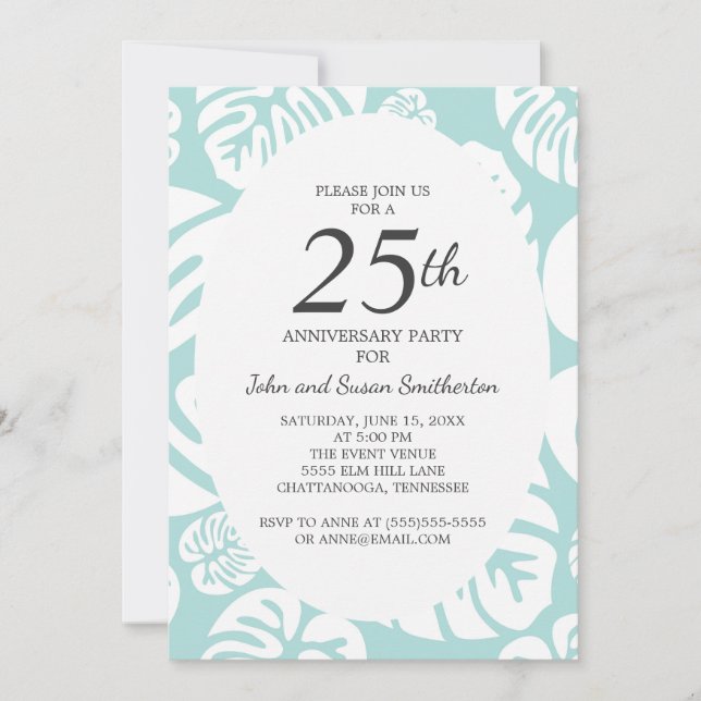 Invitation Bleu doux Blanc Tropical Feuilles 25e anniversaire (Devant)