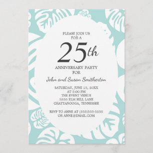 Invitation Bleu doux Blanc Tropical Feuilles 25e anniversaire