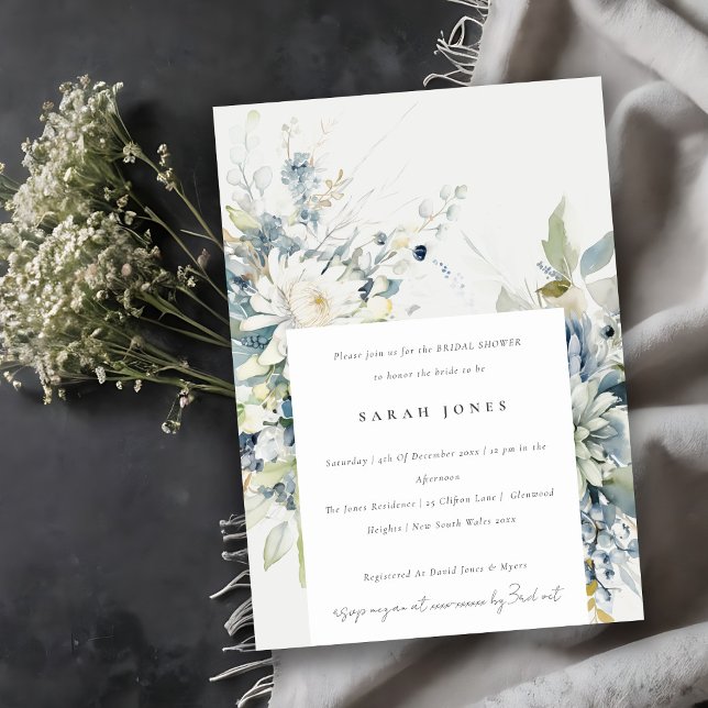 Invitation Bleu doux Fête des mariées florale Succulente (Créateur téléchargé)