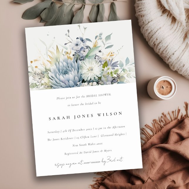Invitation Bleu doux Fête des mariées florale Succulente (Créateur téléchargé)