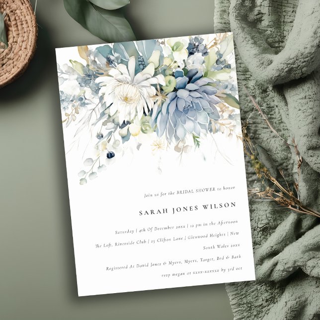 Invitation Bleu doux Fête des mariées florale Succulente (Créateur téléchargé)