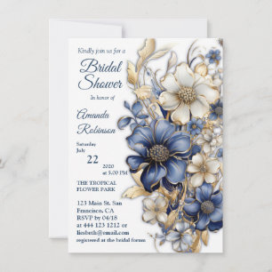 Invitation Bleu doux, fleurs blanches et gravures dorées