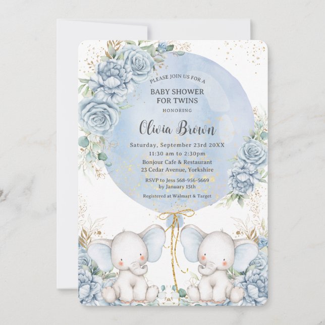 Invitation Bleu doux Floral Cute Elephants Jumeaux Baby showe (Devant)