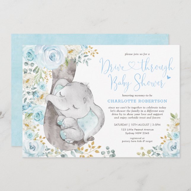 Invitation Bleu Doux Floral Elephant Drive Par Baby shower (Devant / Derrière)