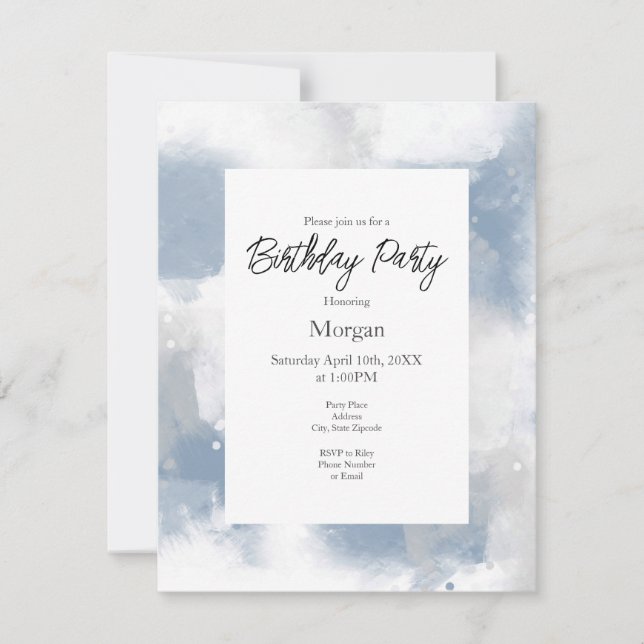 Invitation Bleu doux gris et blanc Abstrait brosses (Devant)