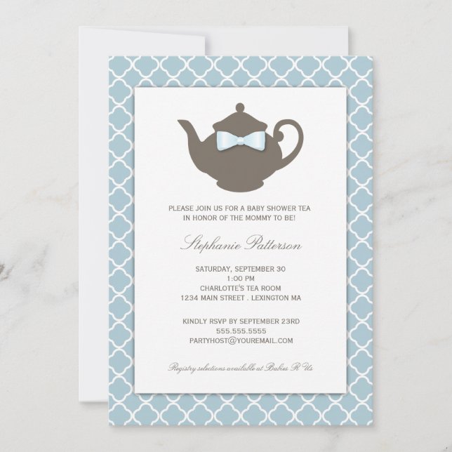 Invitation Bleu doux| Teapot Baby shower thé Brown (Devant)