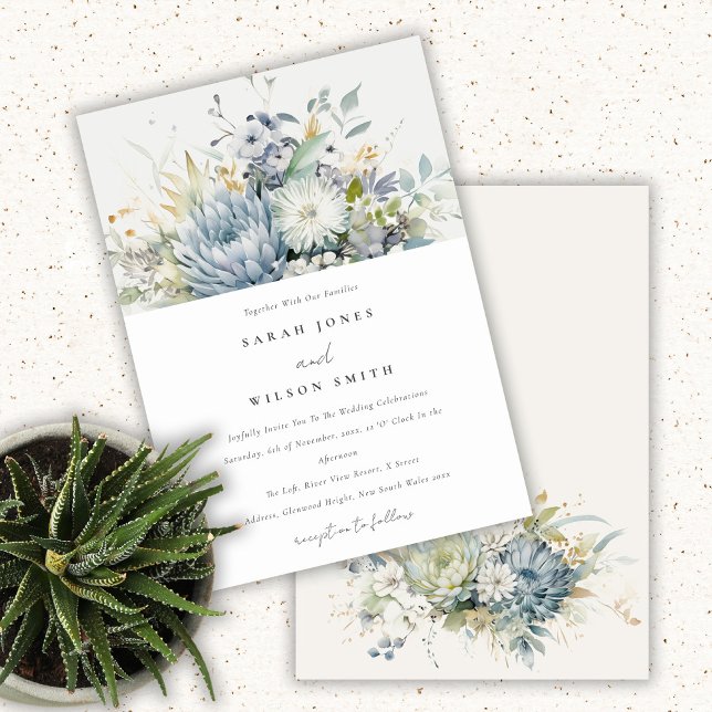 Invitation Bleu doux Vert Succulent Mariage botanique fleuri (Créateur téléchargé)