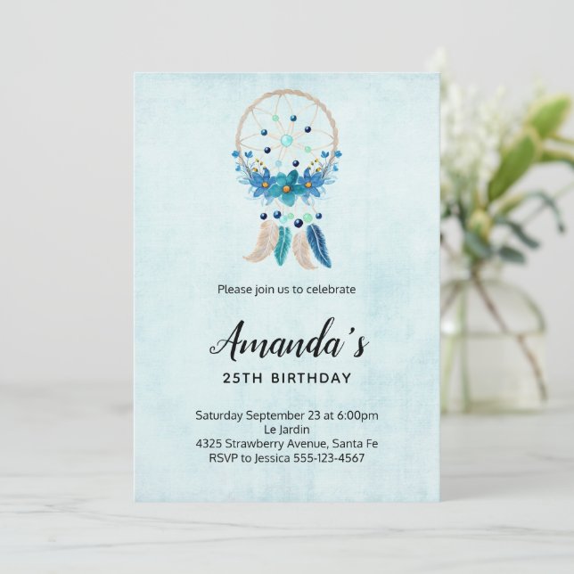 Invitation Bleu Dreamcatcher avec Fleurs & Plumes Anniversair (Debout devant)