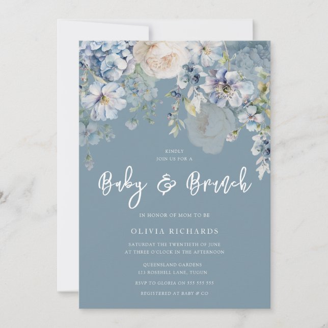 Invitation Bleu Duché Baby shower Floral moderne Brunch (Devant)