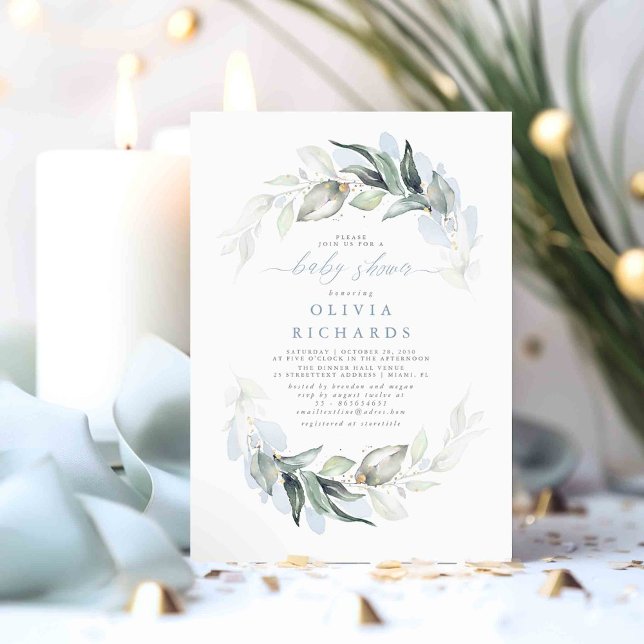 Invitation Bleu Duché Elégant Baby shower de verdure (Dusty Blue Greenery Baby Shower Invitations)