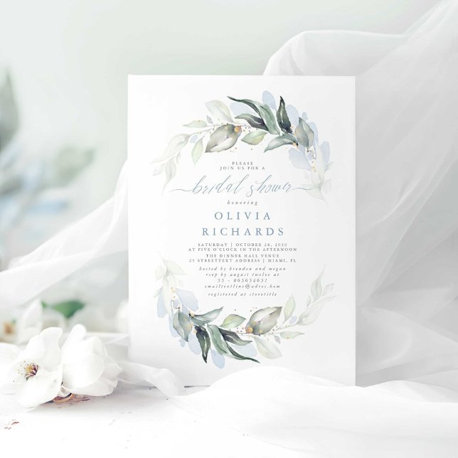 Invitation Bleu Duché Elégante Fête des mariées verdoyante (Dusty Blue Greenery Bridal Shower Invitations)