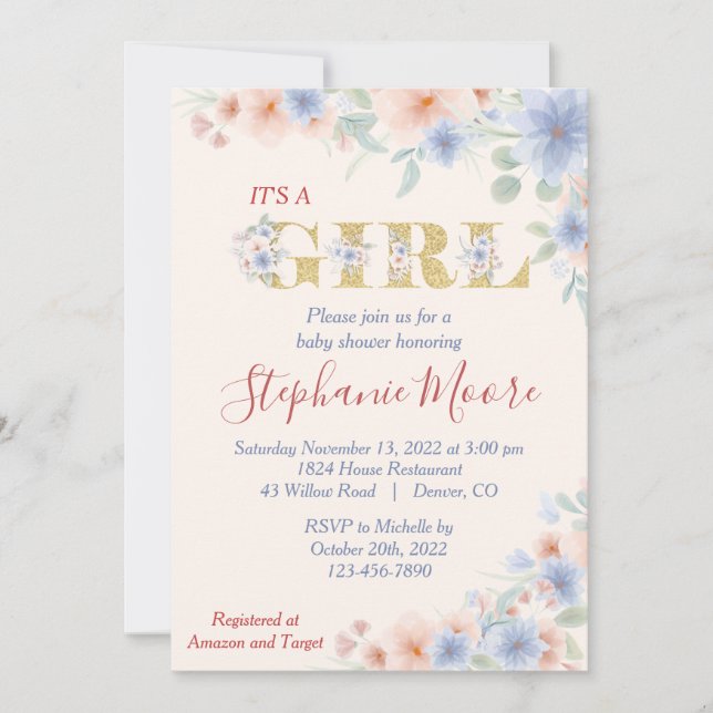 Invitation Bleu Duché et Pêche (Ver.2) Baby shower Floral (Devant)