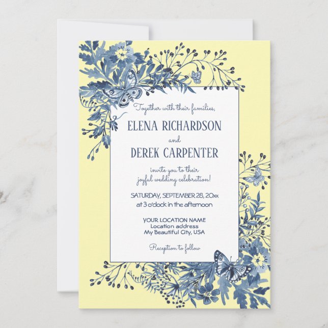 Invitation Bleu Duché, Jaune Floral Aquarelle Mariage (Devant)