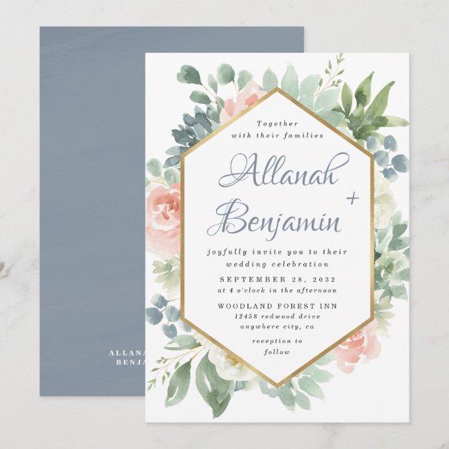 Invitation Bleu Duisier Bleu Succulent Jardin Floral Mariage (Devant / Derrière)