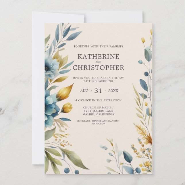 Invitation Bleu Duisier Fleur sauvage Élégant Mariage beige (Devant)