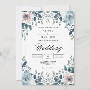 Invitation Bleu Dusky Botanique Floral Mariage