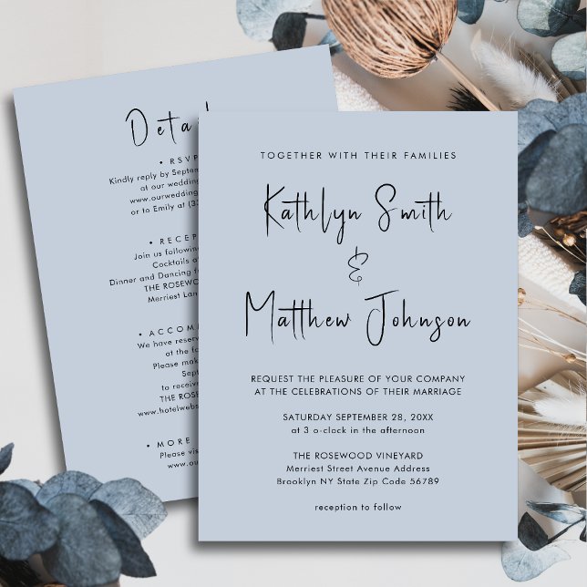 Invitation Bleu Dusté Script Moderne Tout en un Mariage simpl (Créateur téléchargé)