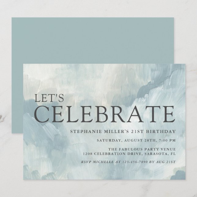 Invitation Bleu Dusty Abstrait Brushstrokes 21e anniversaire (Devant / Derrière)