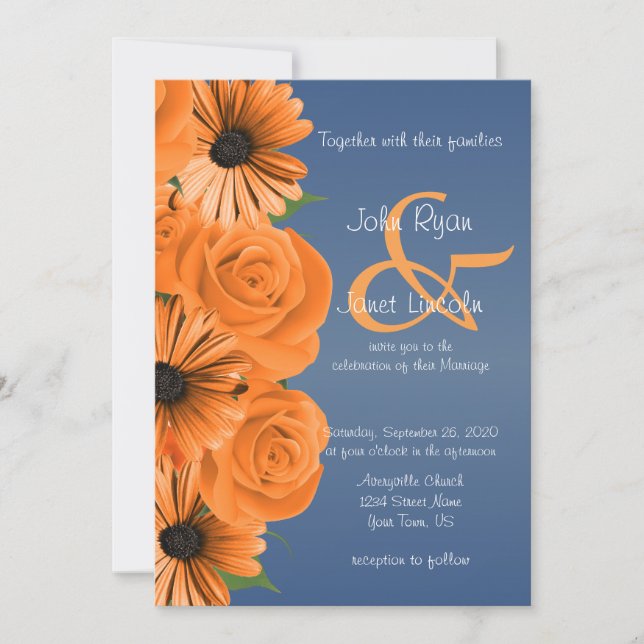 Invitation Bleu Dusty avec Rose orange et marguerite (Devant)