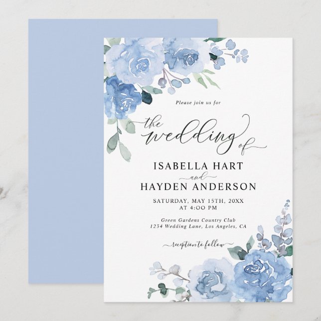 Invitation Bleu Dusty Bébé Bleu Floral Fleurs Mariage (Devant / Derrière)