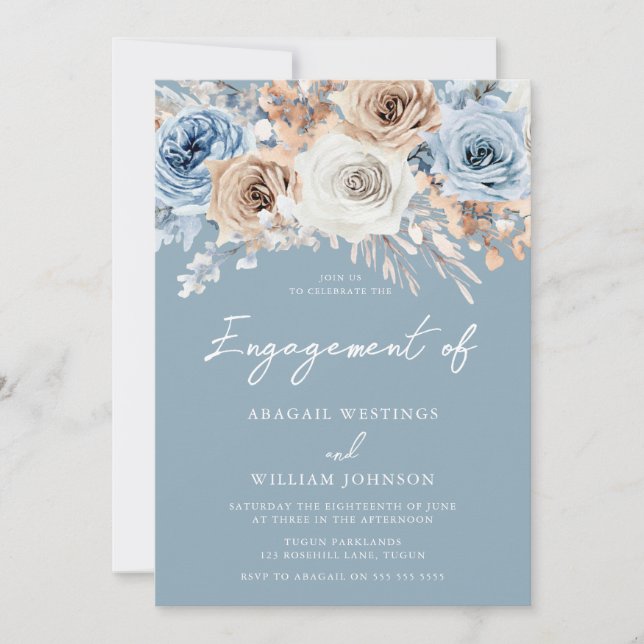 Invitation Bleu Dusty Blanc Bohème Floral (Devant)