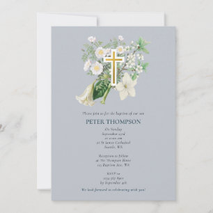 Invitation Bleu Dusty Blanc Floral Croix religieuse Baptême