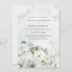 Invitation Bleu Dusty & Blanc Floral Verdure Rustique Mariage