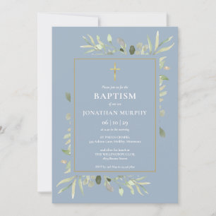 Invitation Bleu Dusty Botanical Greenery Boy Baptême