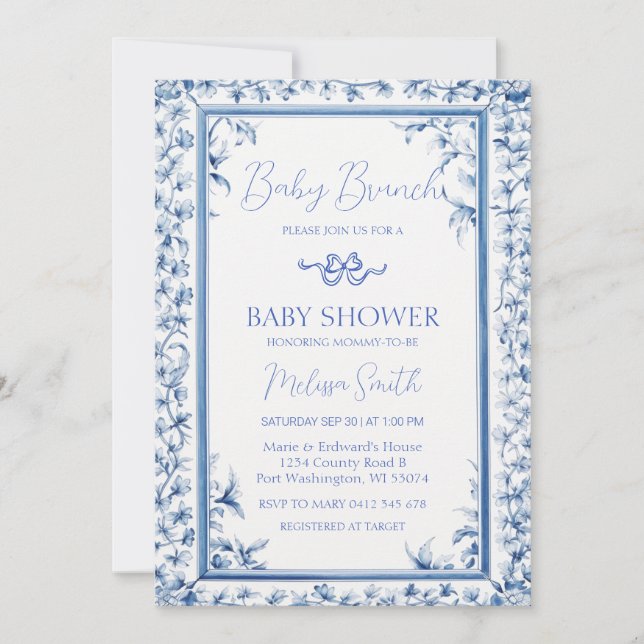 Invitation Bleu Dusty Cadre Cute Ribbon Bébé Brunch (Devant)