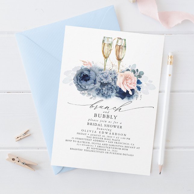 Invitation Bleu Dusty Elegant Brunch et Fête des mariées Bubb (Créateur téléchargé)
