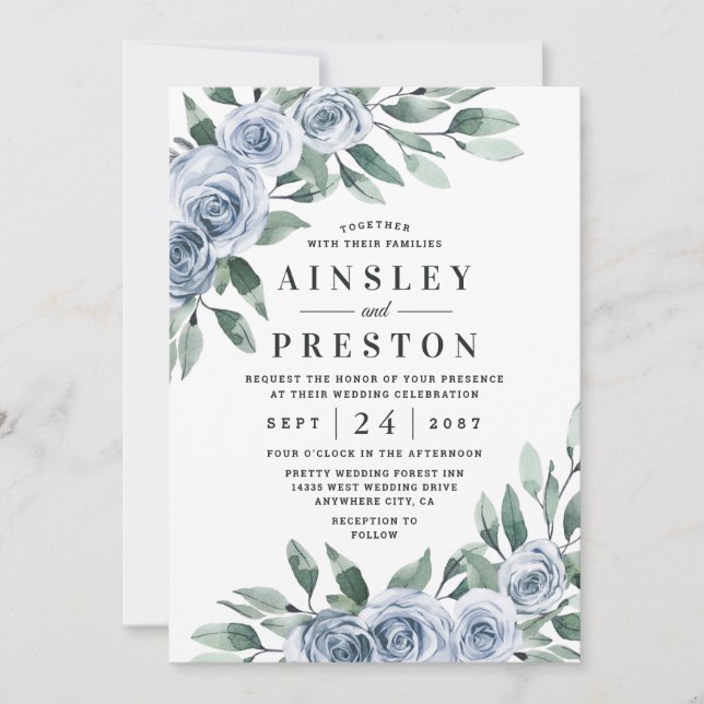Invitation Bleu Dusty Elegant Floral Boho Rose Rustique Maria (Devant)