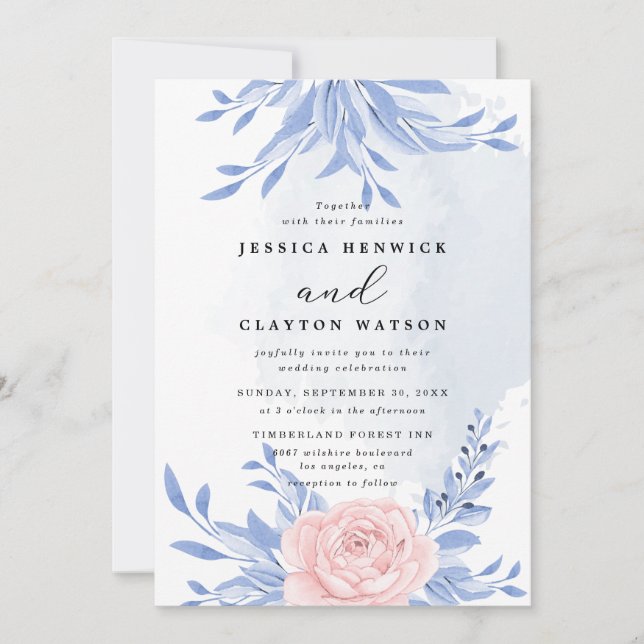 Invitation Bleu Dusty Élégant rose Floral Rustique Mariage (Devant)