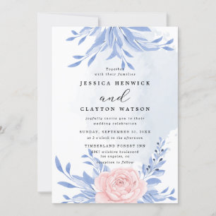 Invitation Bleu Dusty Élégant rose Floral Rustique Mariage