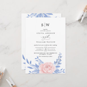 Invitation Bleu Dusty Élégant rose Floral Rustique Mariage