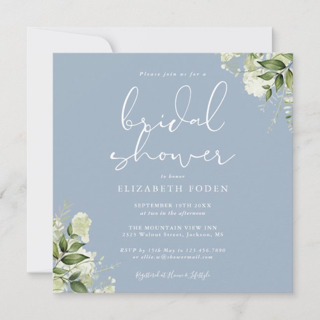 Invitation Bleu Dusty Fête des mariées fleurie (Devant)