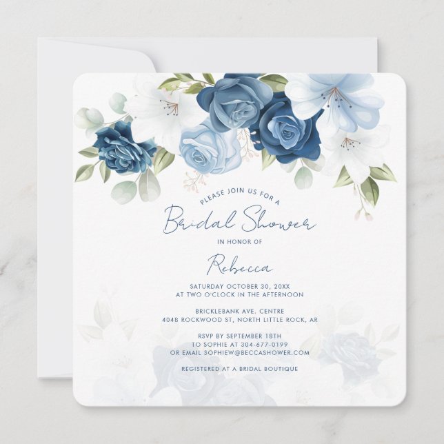 Invitation Bleu Dusty Floral Fête des mariées de verdure bota (Devant)
