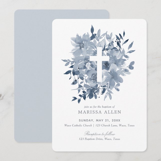 Invitation Bleu Dusty Floral verdure Neutre Baptême (Devant / Derrière)