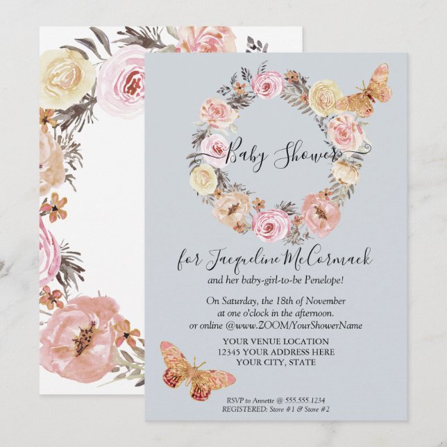 Invitation Bleu Dusty Floral Wreath Butterfly Douche virtuell (Devant / Derrière)