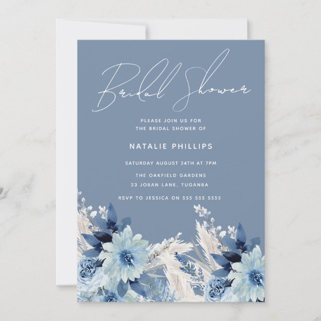 Invitation Bleu Dusty Florals Belle Fête des mariées (Devant)