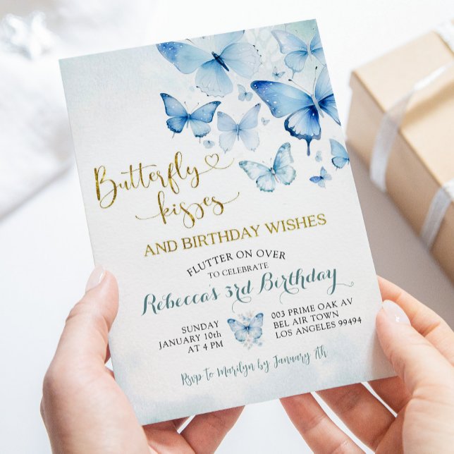 Invitation Bleu Dusty flotter sur le papillon Anniversaire (Créateur téléchargé)