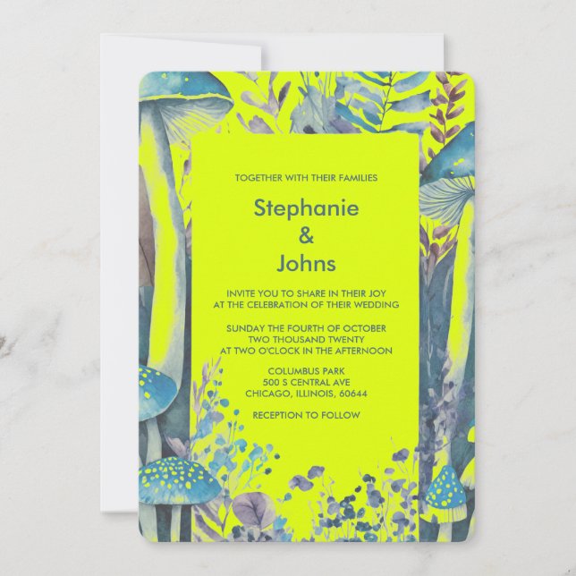 Invitation Bleu Dusty Jaune Bois Vert Mariage de champignon (Devant)
