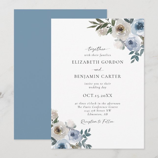 Invitation Bleu Dusty Mariage Floral Élégant Script Rustique (Devant / Derrière)