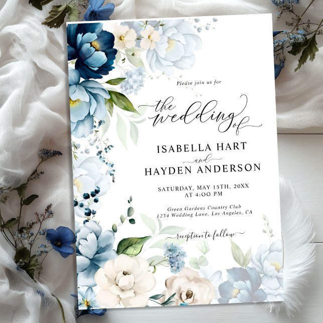 Invitation Bleu Dusty Marine Beige Tout en 1 QR Code Mariage (Créateur téléchargé)