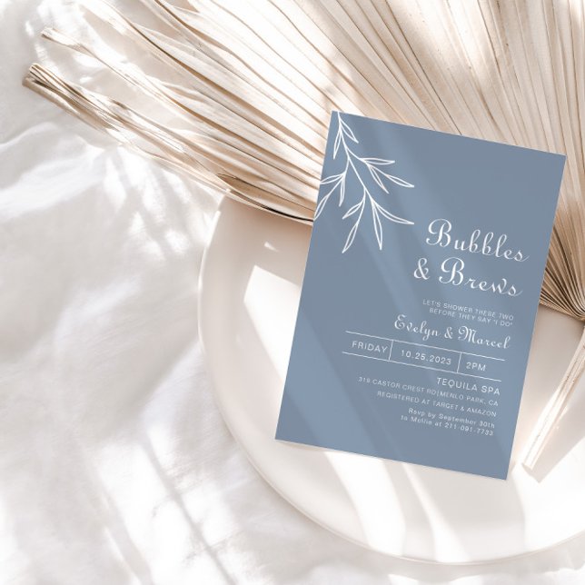 Invitation Bleu Dusty Minimal Bubbles & Brews Douche nuptiale (Créateur téléchargé)