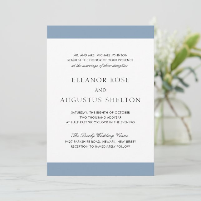 Invitation Bleu Dusty Minimal Moderne Tout en un Mariage (Debout devant)
