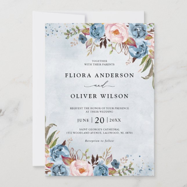 Invitation Bleu Dusty Pêche Blush Botanique Floral Mariage Da (Devant)